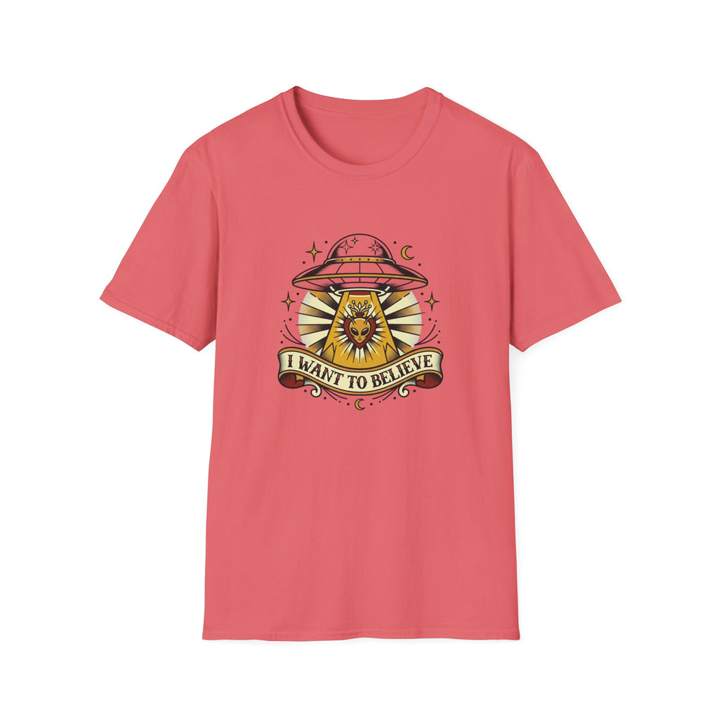 Alien Abduction T-Shirt — "I Want to Believe" Vintage UFO Tee American Traditional Tattoo