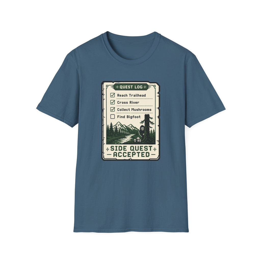 Bigfoot Retro Gaming T-Shirt — 'Quest Log: Side Quest Accepted' Hiking Adventure Graphic Tee