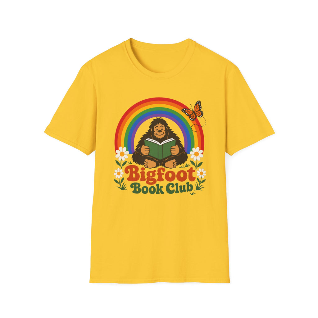Bigfoot Book Club T-Shirt — Rainbow Reading Sasquatch Tee