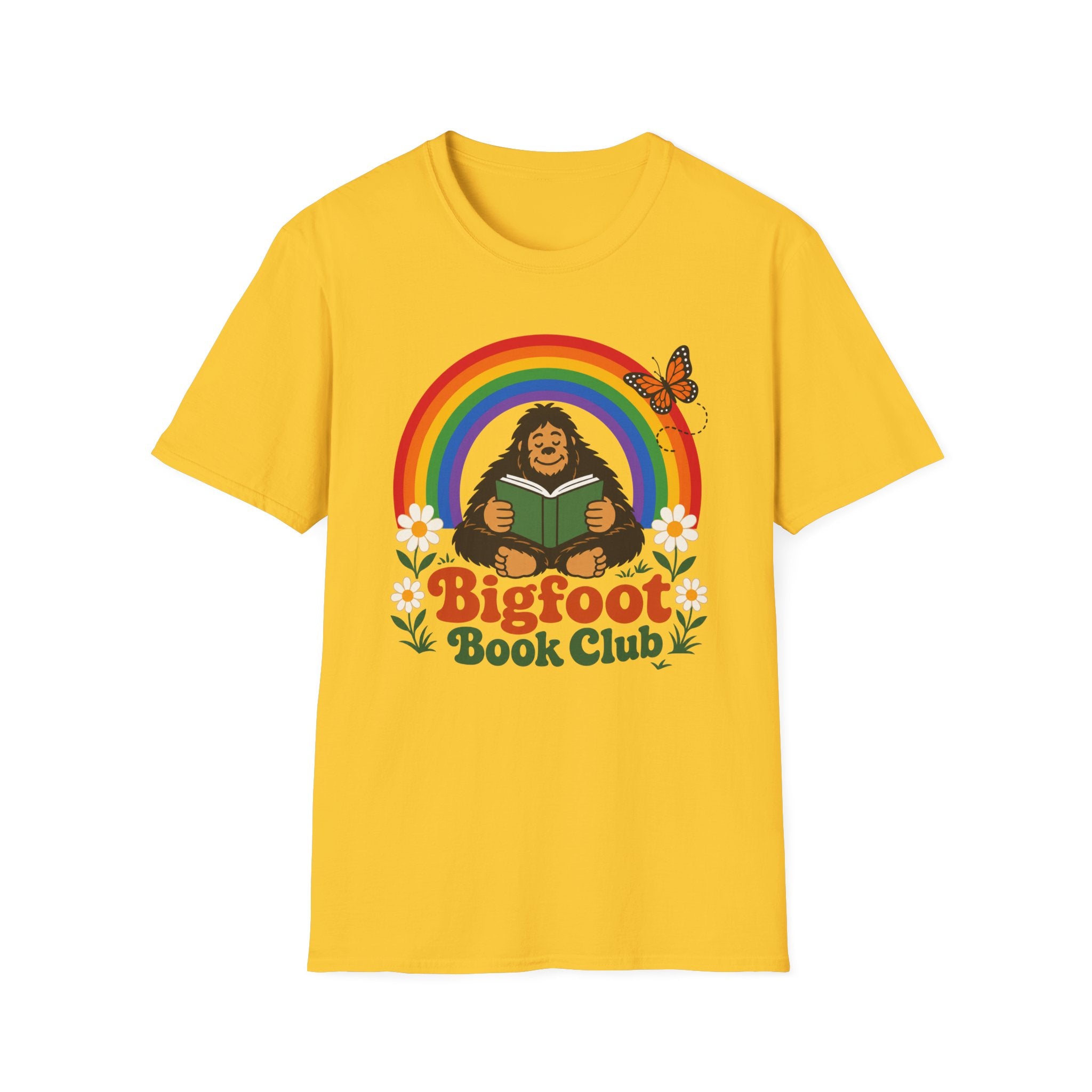 Bigfoot Book Club T-Shirt — Rainbow Reading Sasquatch Tee