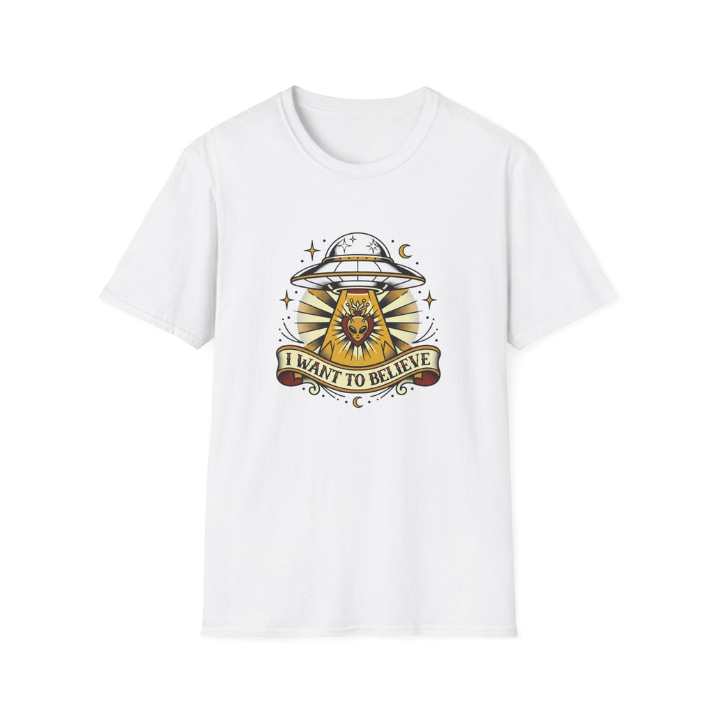 Alien Abduction T-Shirt — "I Want to Believe" Vintage UFO Tee American Traditional Tattoo