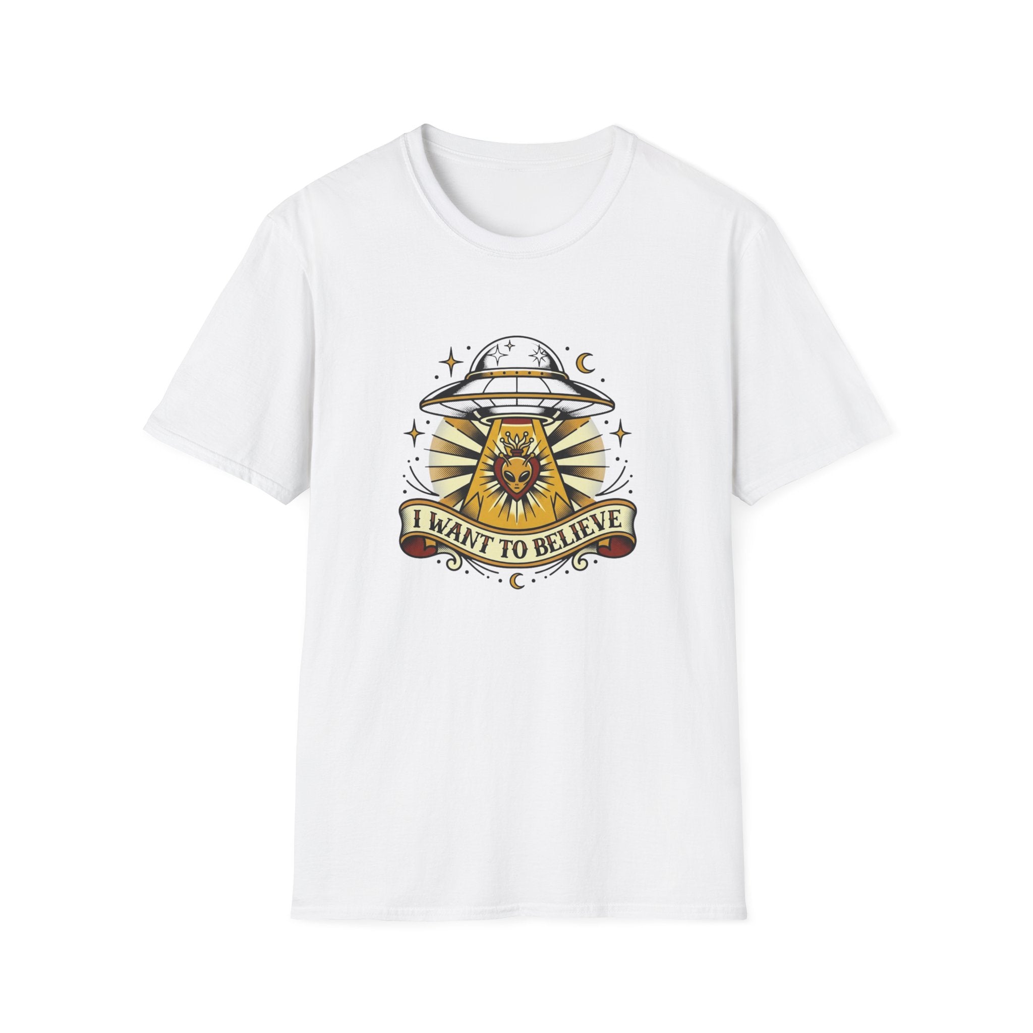 Alien Abduction T-Shirt — "I Want to Believe" Vintage UFO Tee American Traditional Tattoo