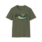 Bigfoot Forest Lifer T‑Shirt — Camping Scenic Tee with Tent, Campfire & Pine Trees