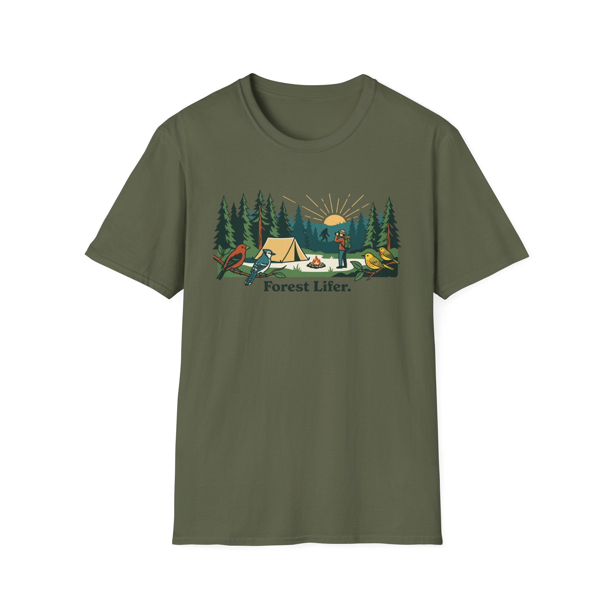 Bigfoot Forest Lifer T‑Shirt — Camping Scenic Tee with Tent, Campfire & Pine Trees