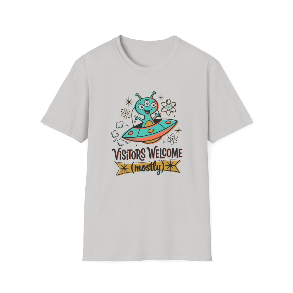 Alien UFO T-Shirt — "Visitors Welcome (Mostly)" Cute Space Graphic Tee
