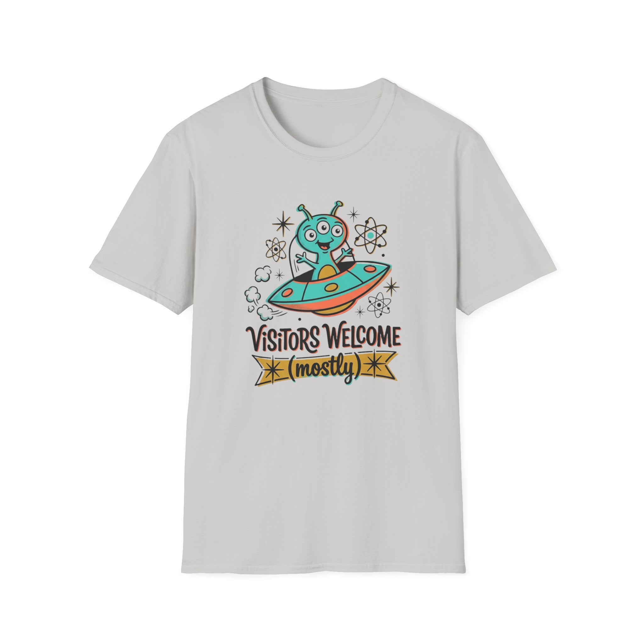 Alien UFO T-Shirt — "Visitors Welcome (Mostly)" Cute Space Graphic Tee