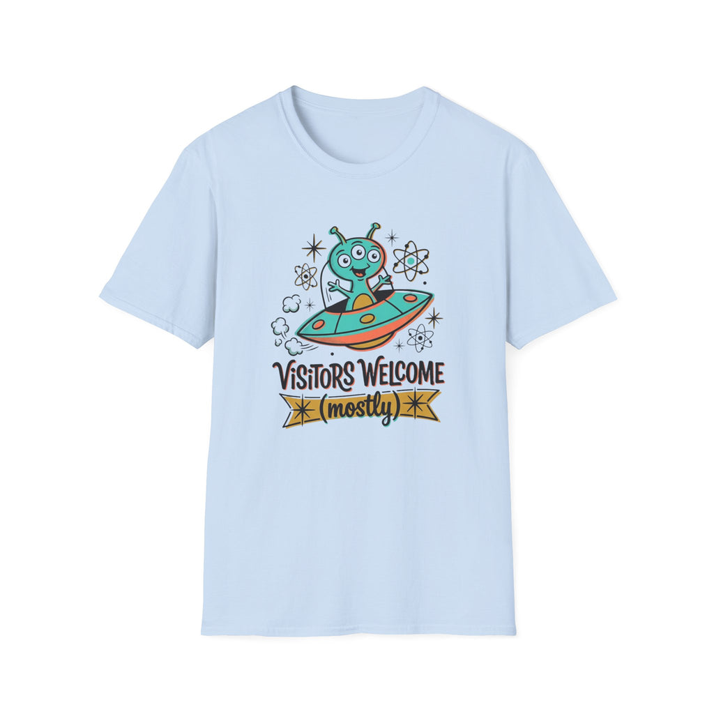 Alien UFO T-Shirt — "Visitors Welcome (Mostly)" Cute Space Graphic Tee