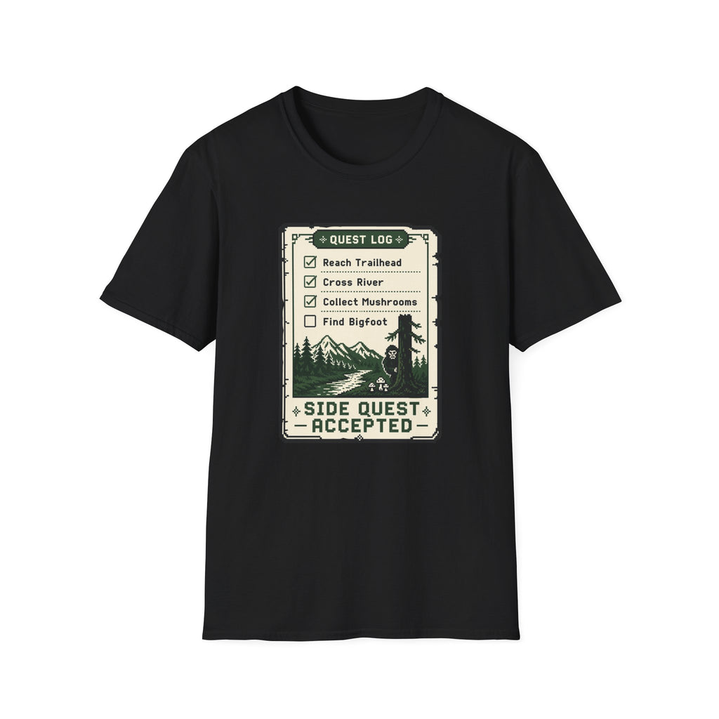 Bigfoot Retro Gaming T-Shirt — 'Quest Log: Side Quest Accepted' Hiking Adventure Graphic Tee