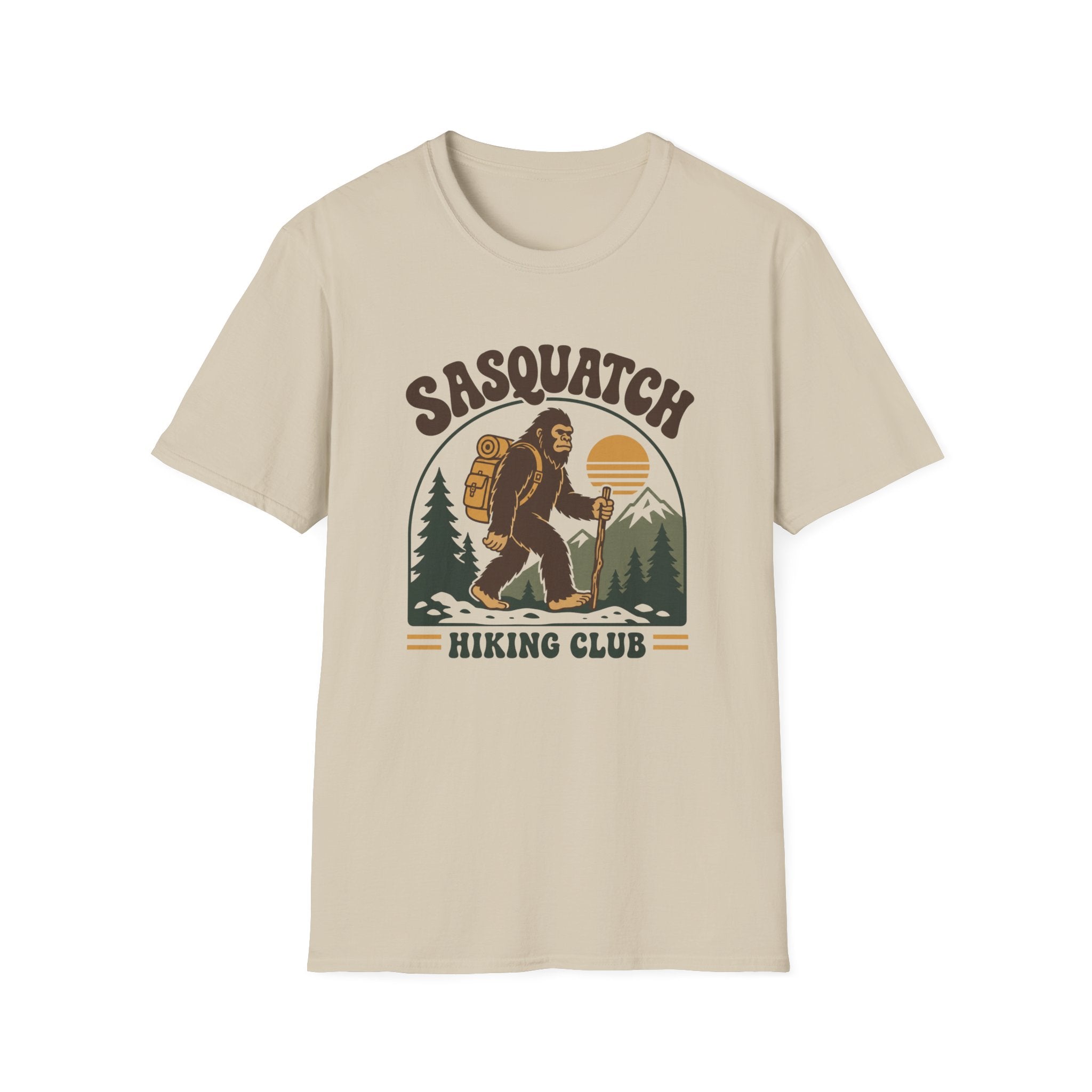 Sasquatch Hiking Club T-Shirt — Retro 70s Bigfoot Outdoor Adventure Tee