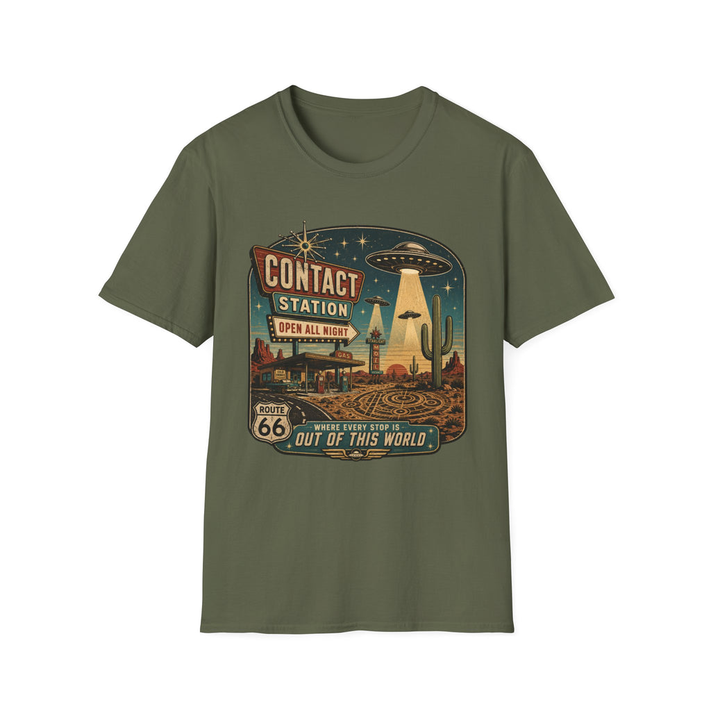 Contact Station T‑Shirt — Retro UFO Alien Abduction Vintage Sign Tee