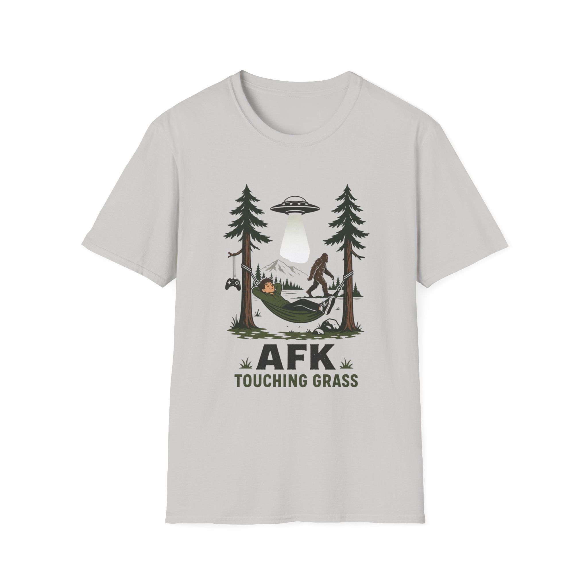 AFK Touching Grass T-Shirt — Gaming Nature Tee with Bigfoot & UFO