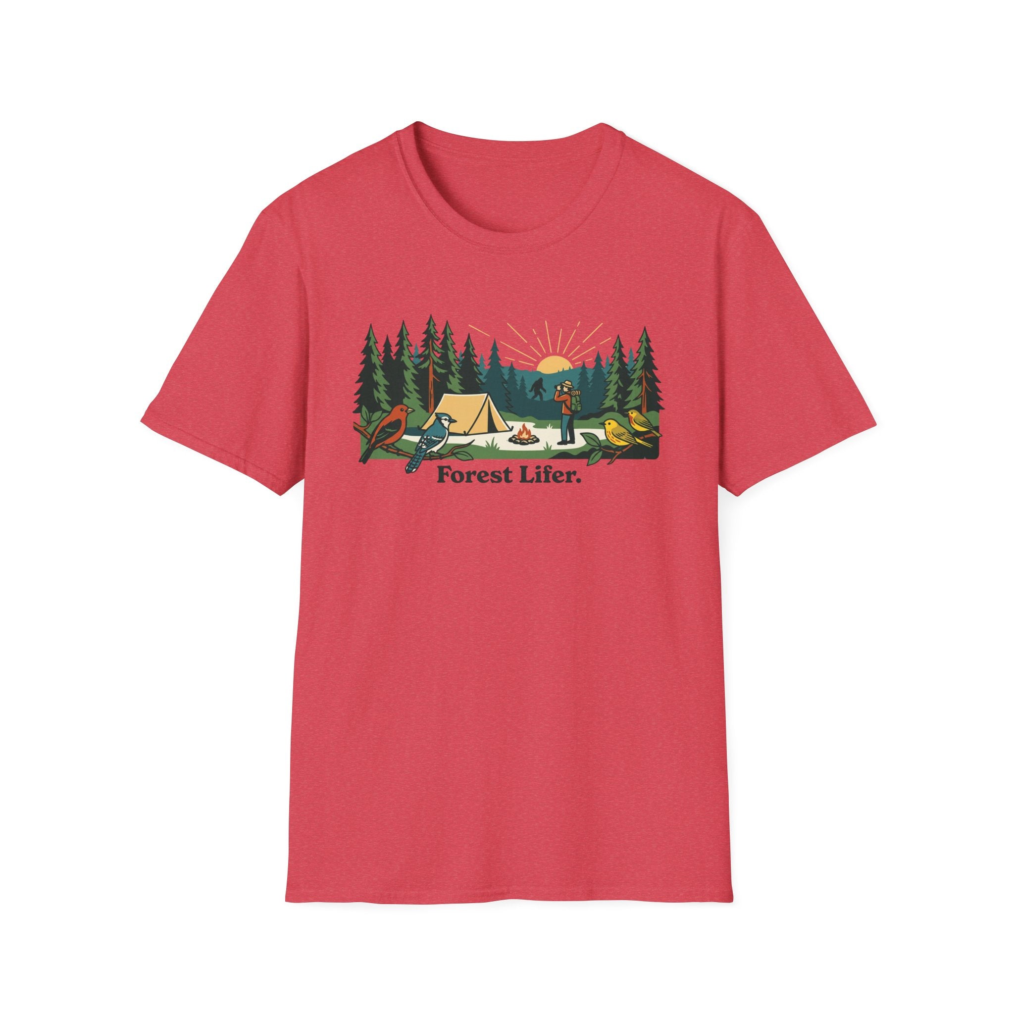 Bigfoot Forest Lifer T‑Shirt — Camping Scenic Tee with Tent, Campfire & Pine Trees