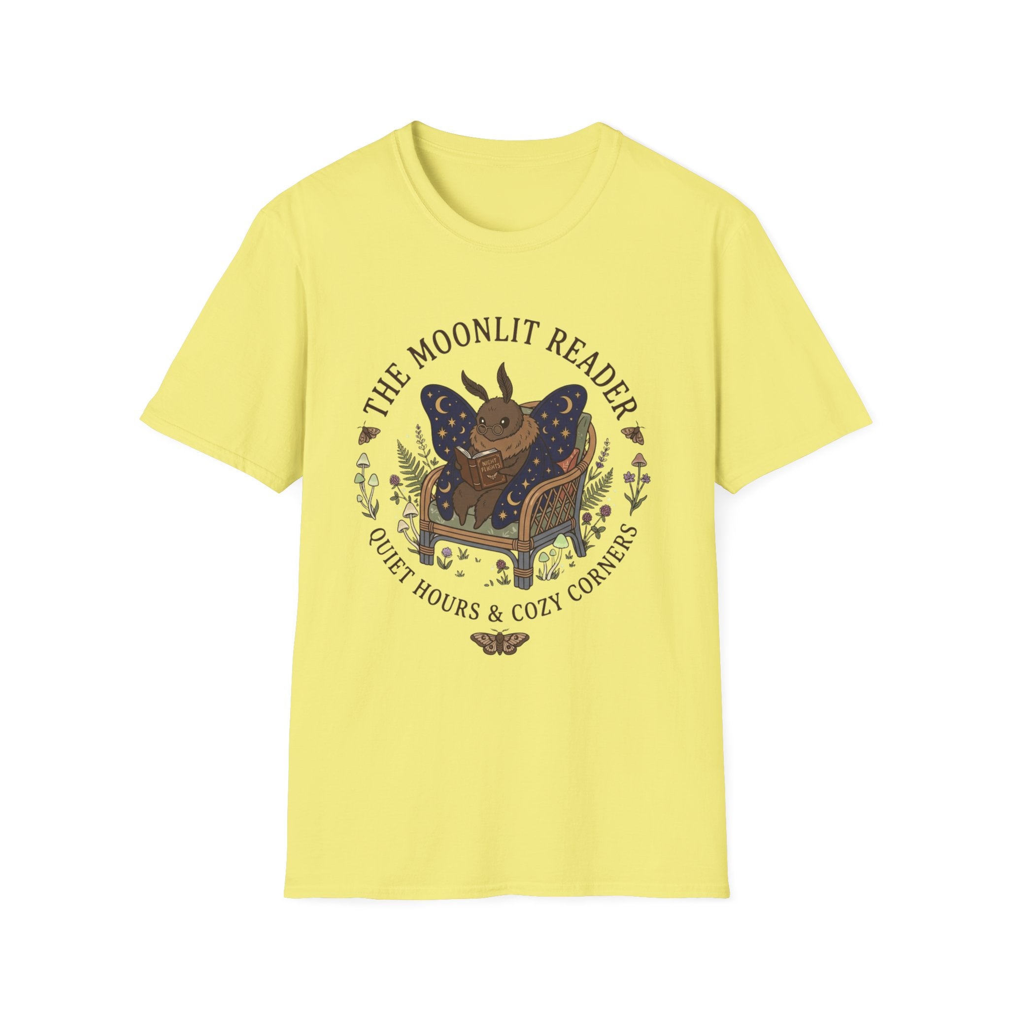 The Moonlit Reader Tee — Cozy Book Lover Cottagecore Moth Shirt