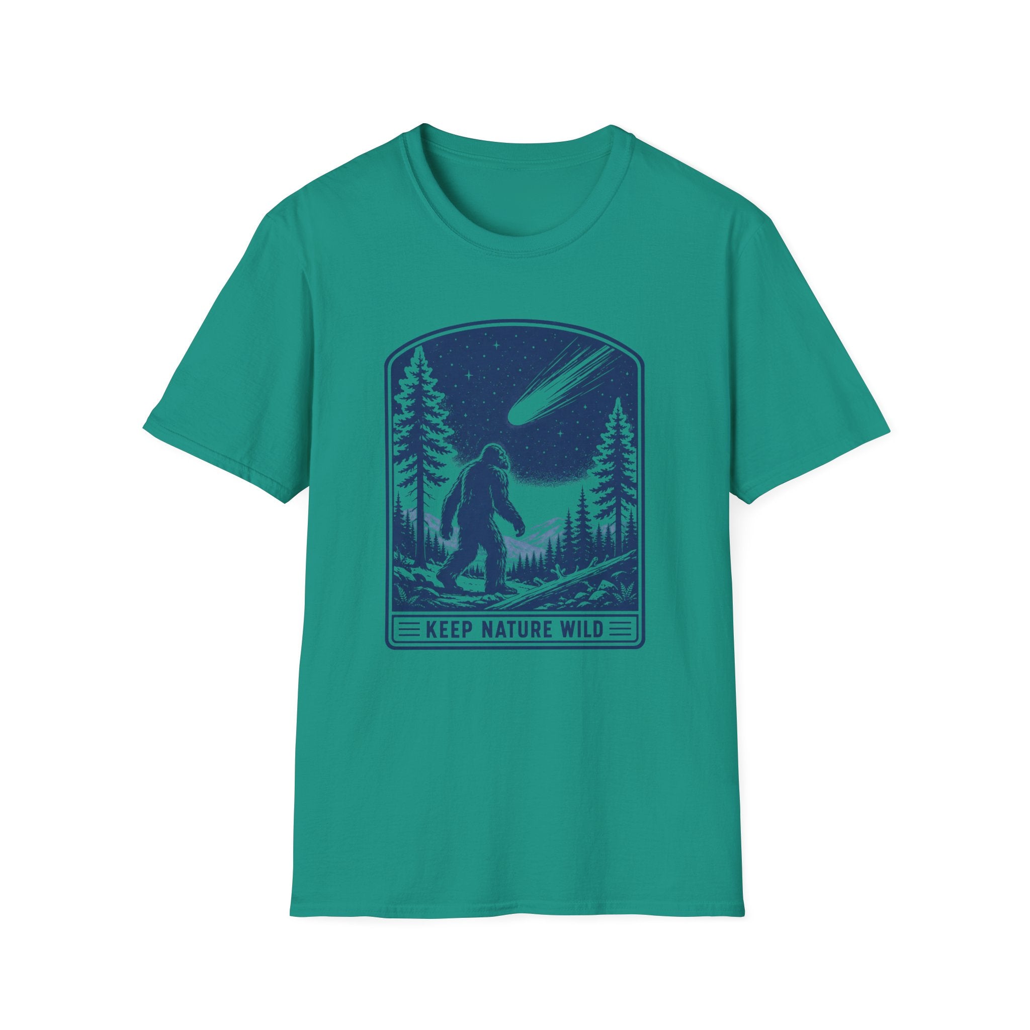 Bigfoot Stargazing T‑Shirt — Keep Nature Wild Forest Comet Design
