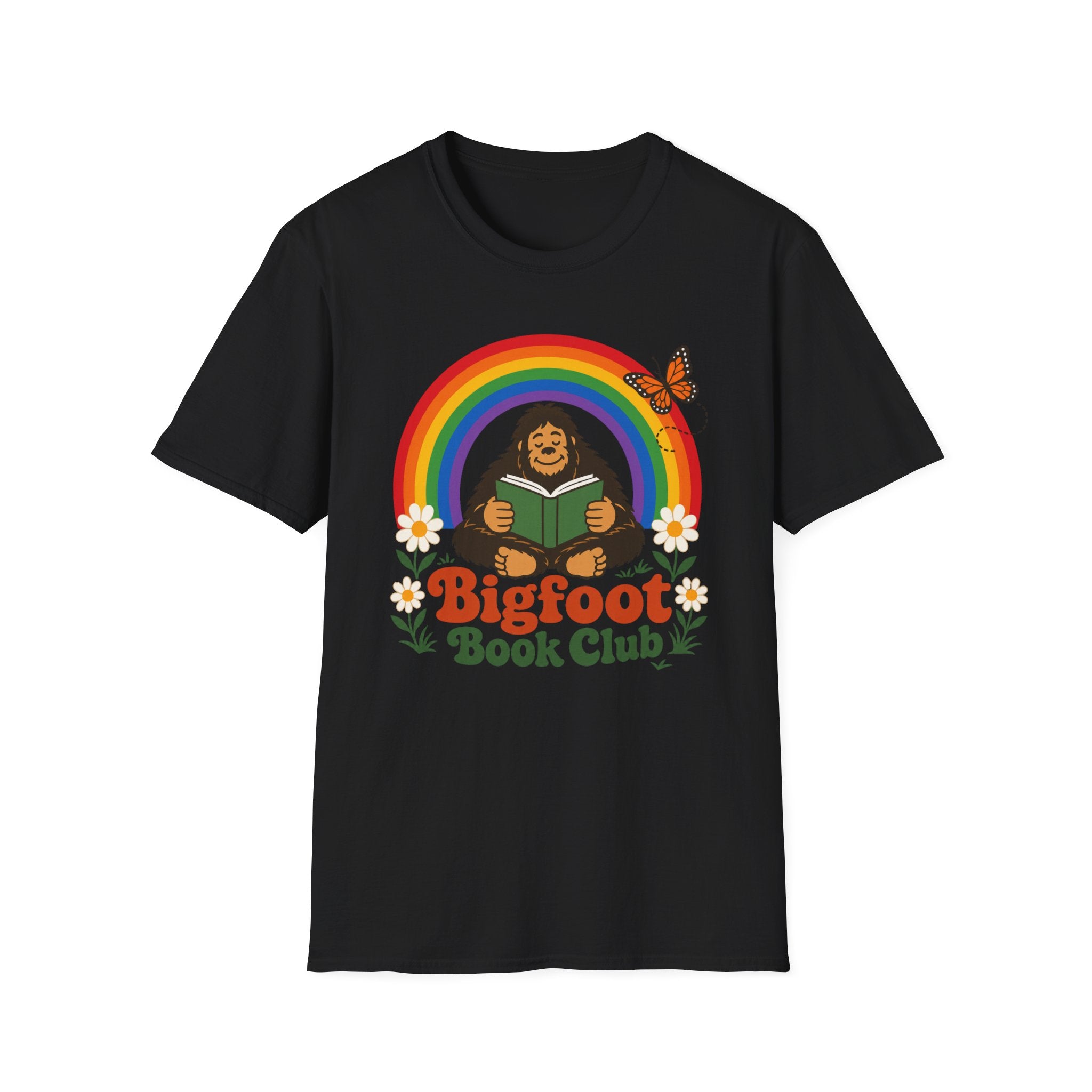 Bigfoot Book Club T-Shirt — Rainbow Reading Sasquatch Tee