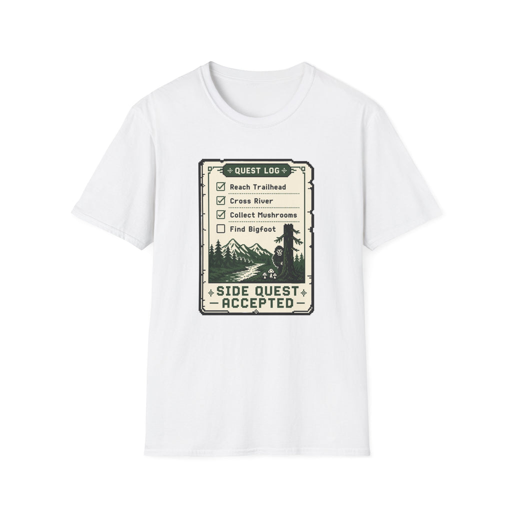 Bigfoot Retro Gaming T-Shirt — 'Quest Log: Side Quest Accepted' Hiking Adventure Graphic Tee