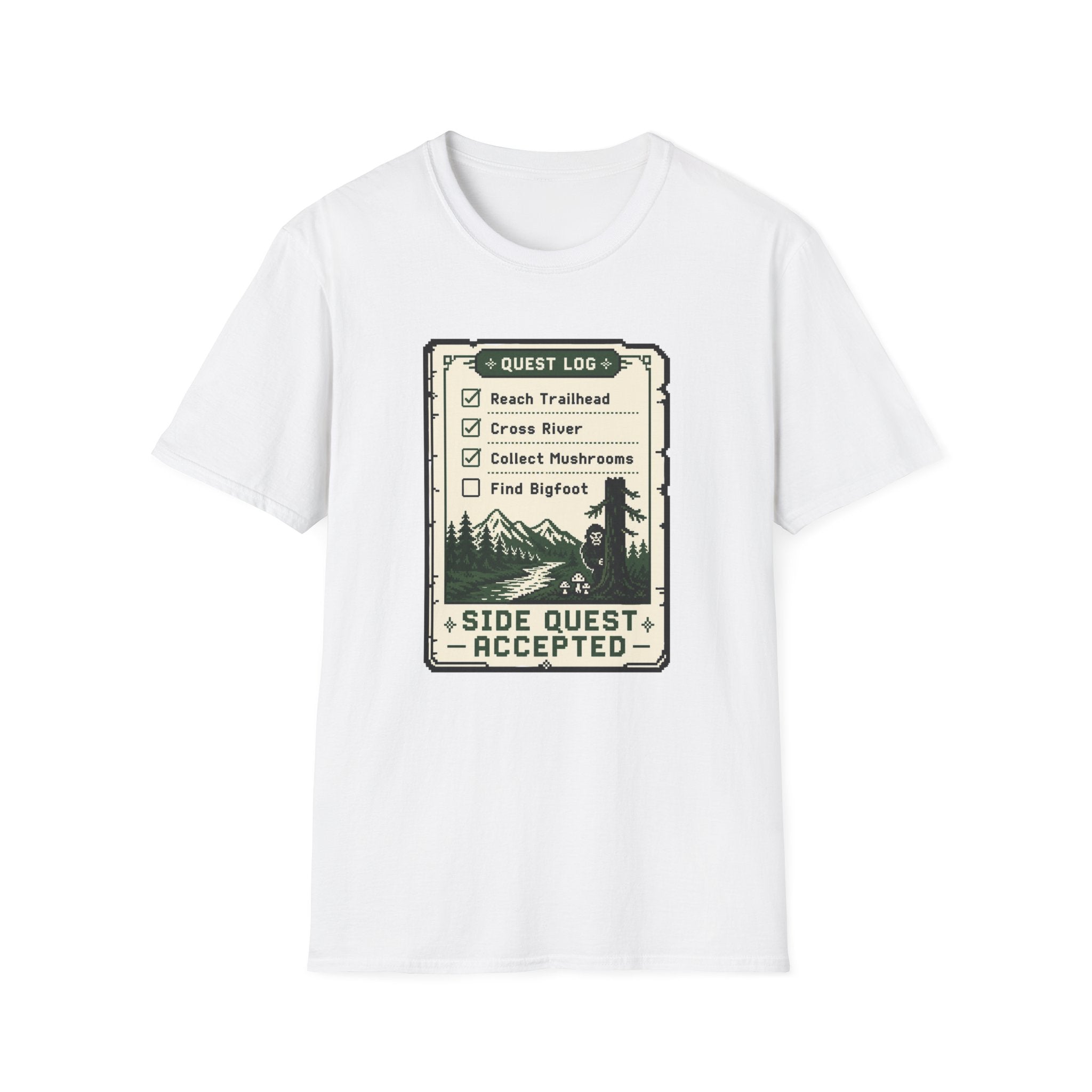 Bigfoot Retro Gaming T-Shirt — 'Quest Log: Side Quest Accepted' Hiking Adventure Graphic Tee