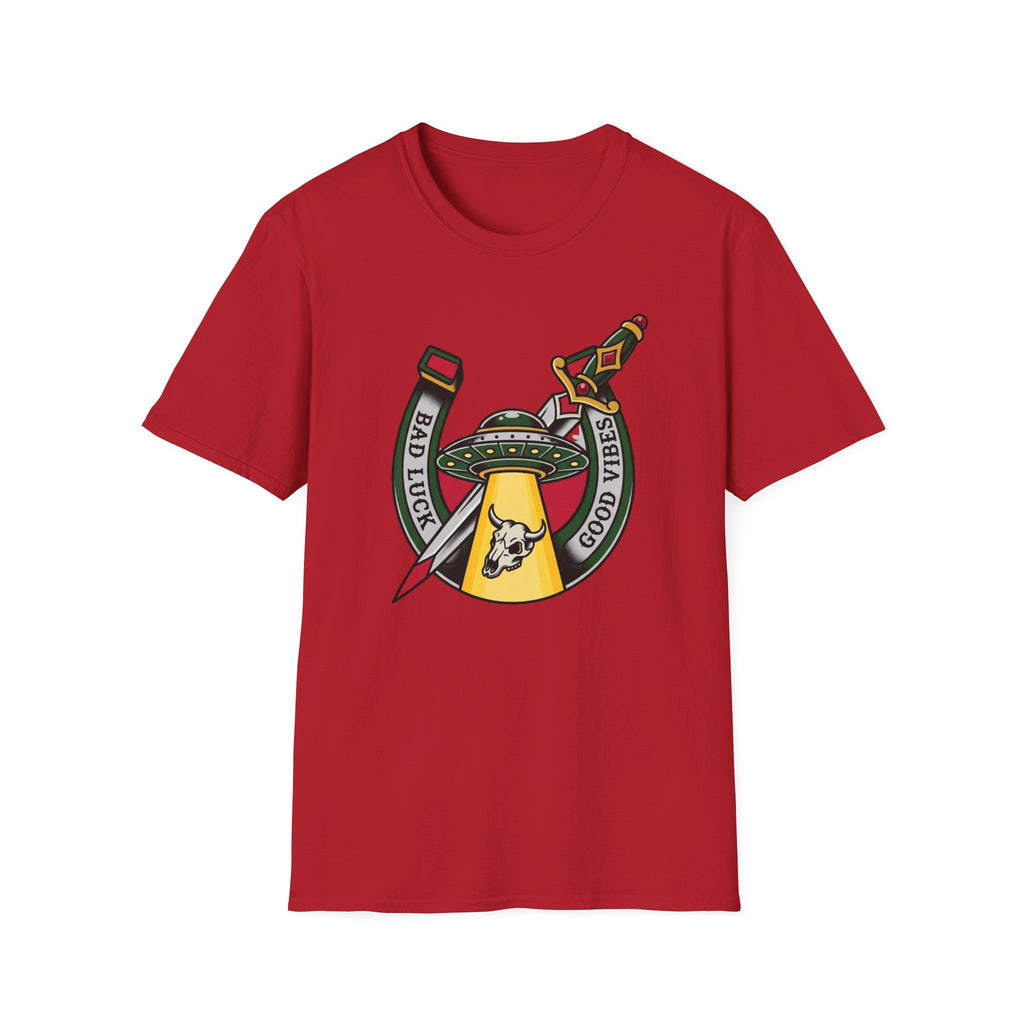 Bad Luck Good Vibes UFO T-Shirt — Sword & Horseshoe Retro American Traditional Tattoo Tee