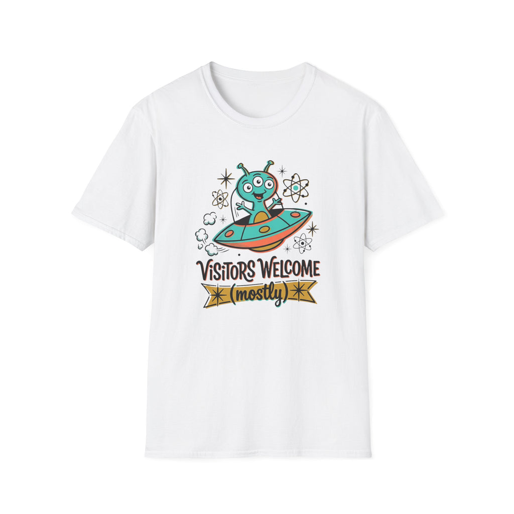 Alien UFO T-Shirt — "Visitors Welcome (Mostly)" Cute Space Graphic Tee