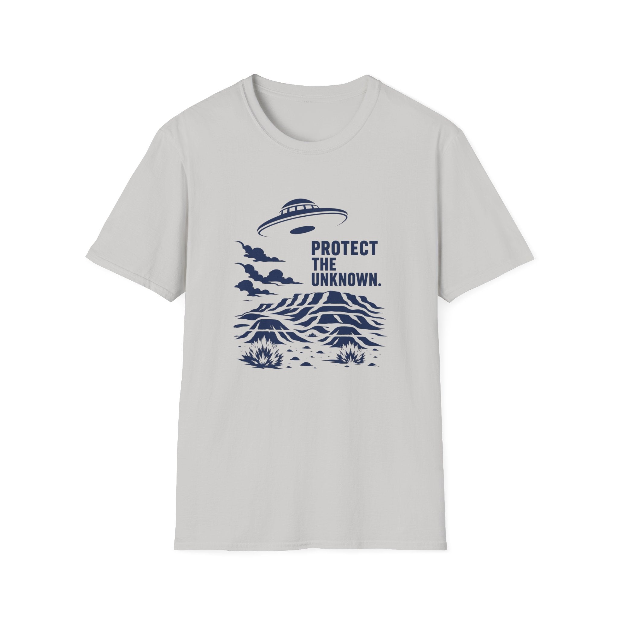 Protect The Unknown Minimalist UFO T-Shirt — Alien Desert Mystery Graphic Tee