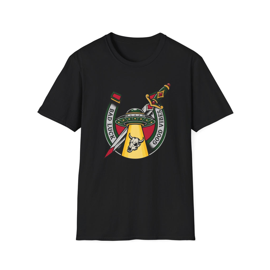 Bad Luck Good Vibes UFO T-Shirt — Sword & Horseshoe Retro American Traditional Tattoo Tee