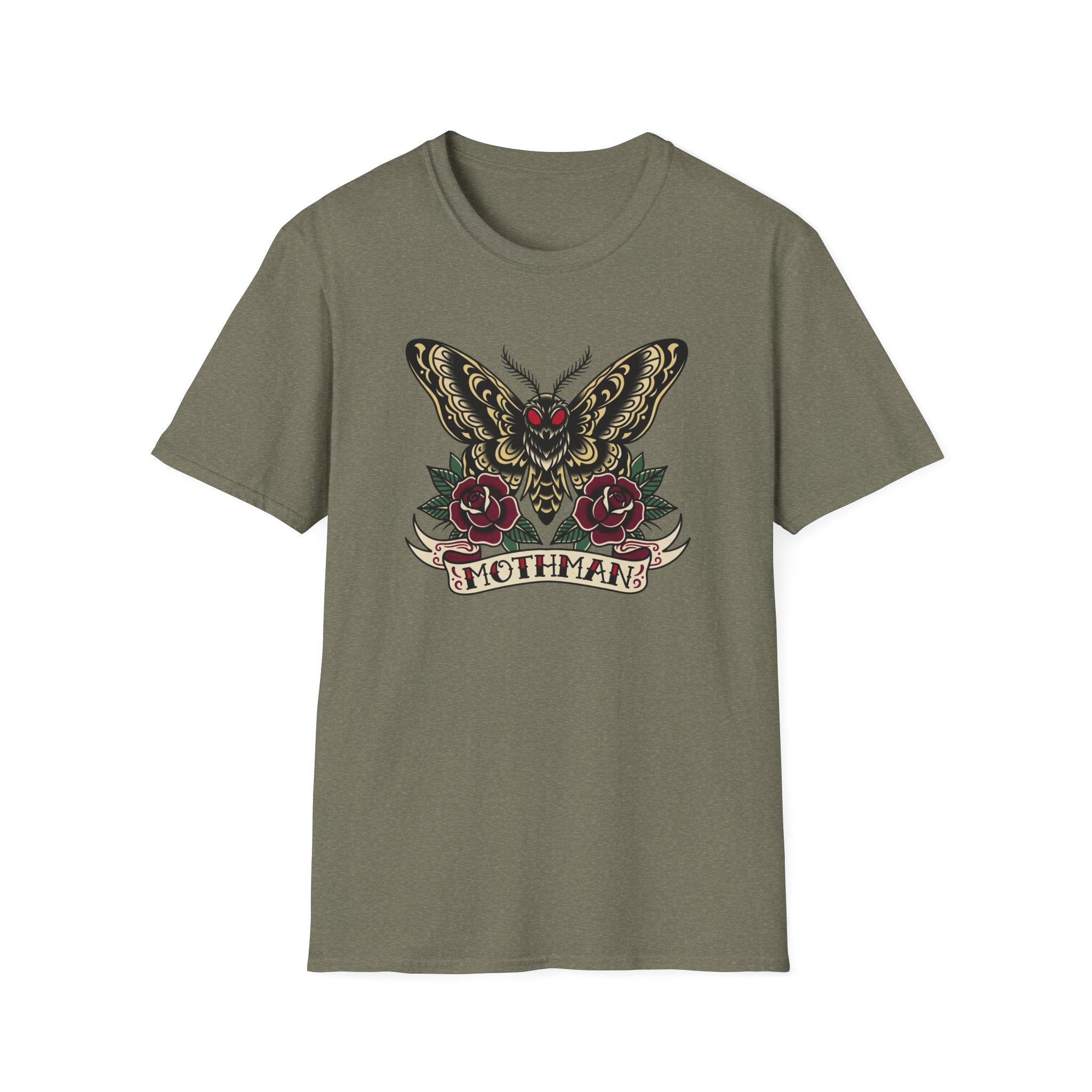 Mothman American Traditional Tattoo Style T-Shirt — Gothic Moth & Roses Graphic