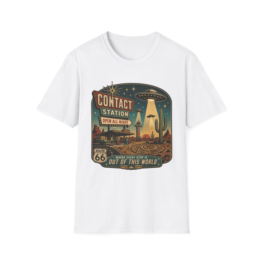 Contact Station T‑Shirt — Retro UFO Alien Abduction Vintage Sign Tee