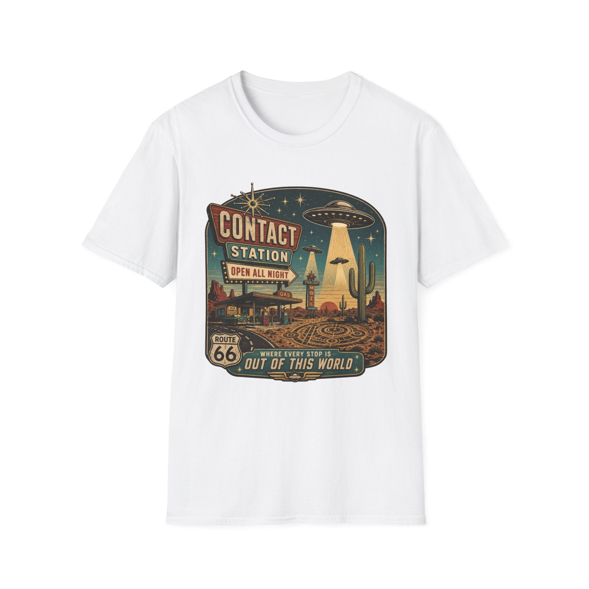 Contact Station T‑Shirt — Retro UFO Alien Abduction Vintage Sign Tee