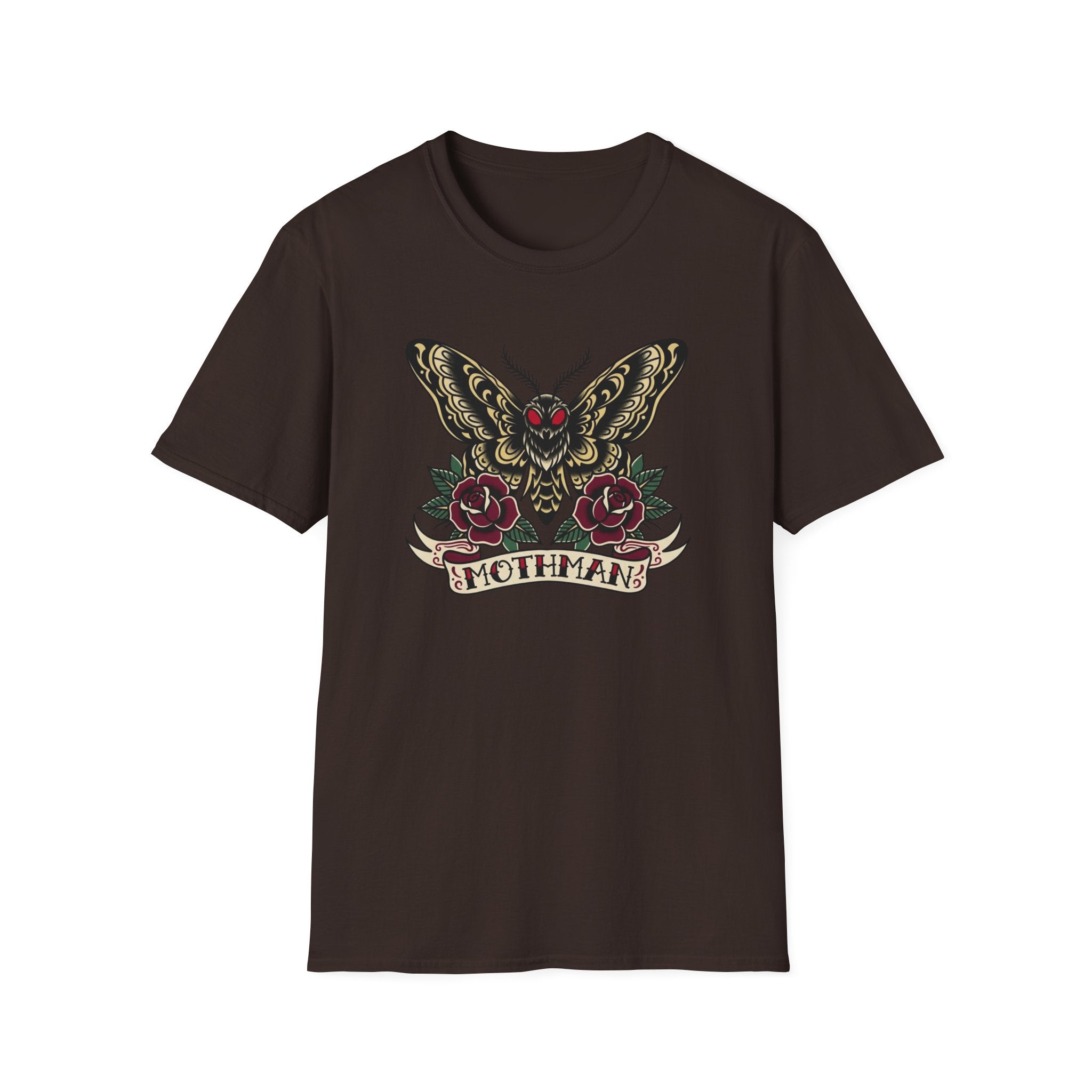 Mothman American Traditional Tattoo Style T-Shirt — Gothic Moth & Roses Graphic