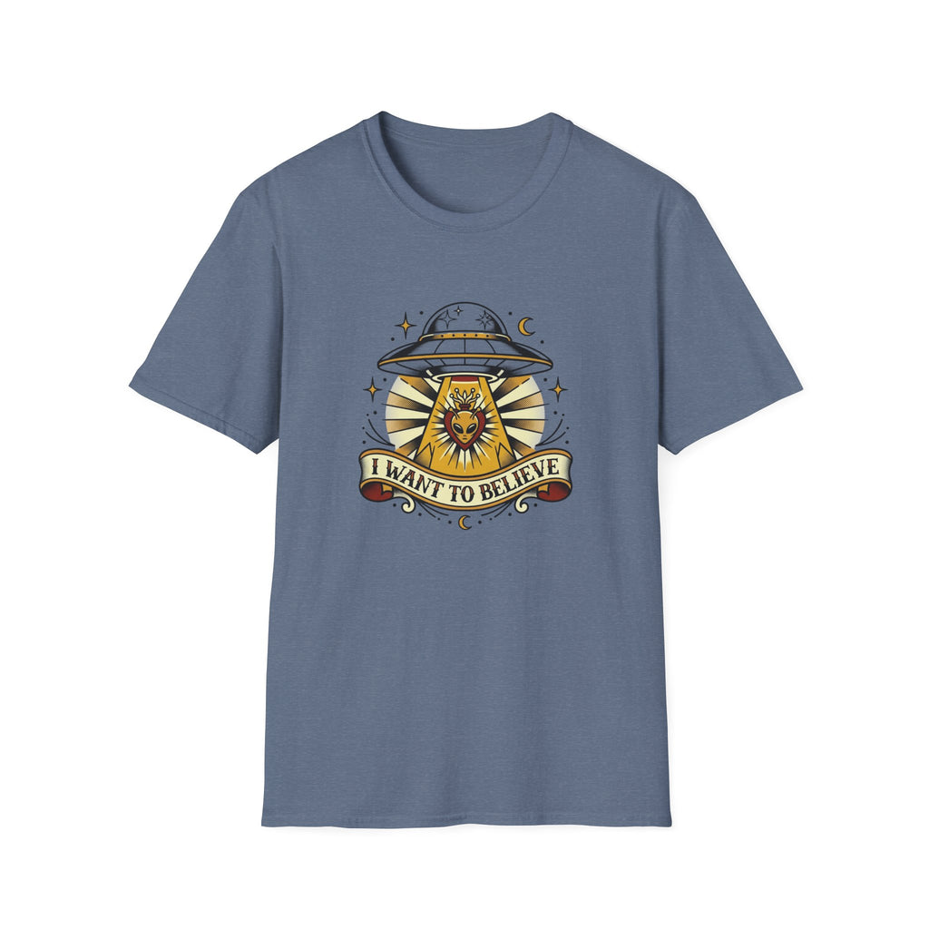 Alien Abduction T-Shirt — "I Want to Believe" Vintage UFO Tee American Traditional Tattoo