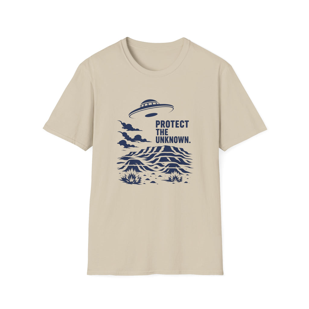 Protect The Unknown Minimalist UFO T-Shirt — Alien Desert Mystery Graphic Tee