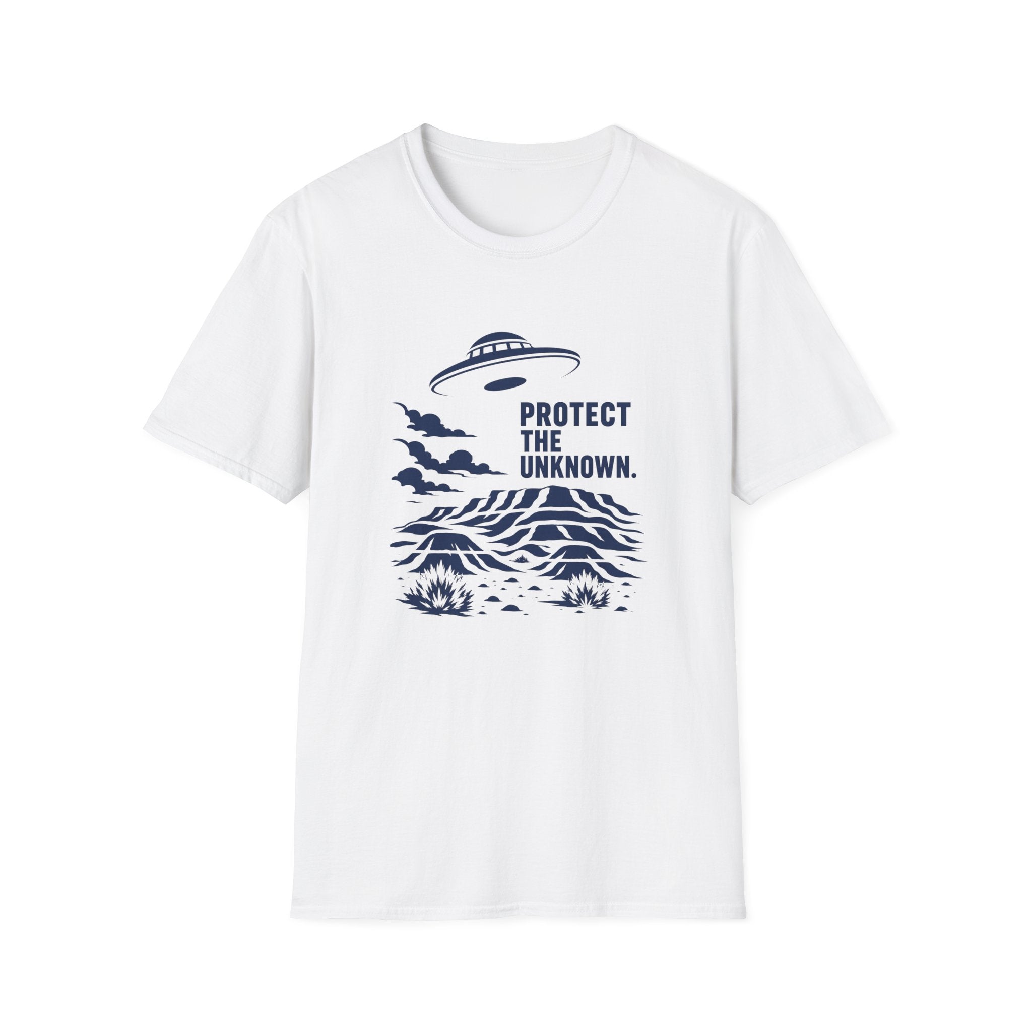 Protect The Unknown Minimalist UFO T-Shirt — Alien Desert Mystery Graphic Tee