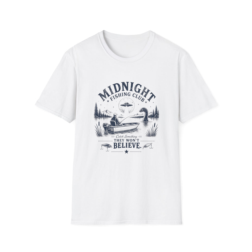 Midnight Fishing Club T-Shirt — "Catch Something They Won't Believe" UFO Lake Fishing Tee