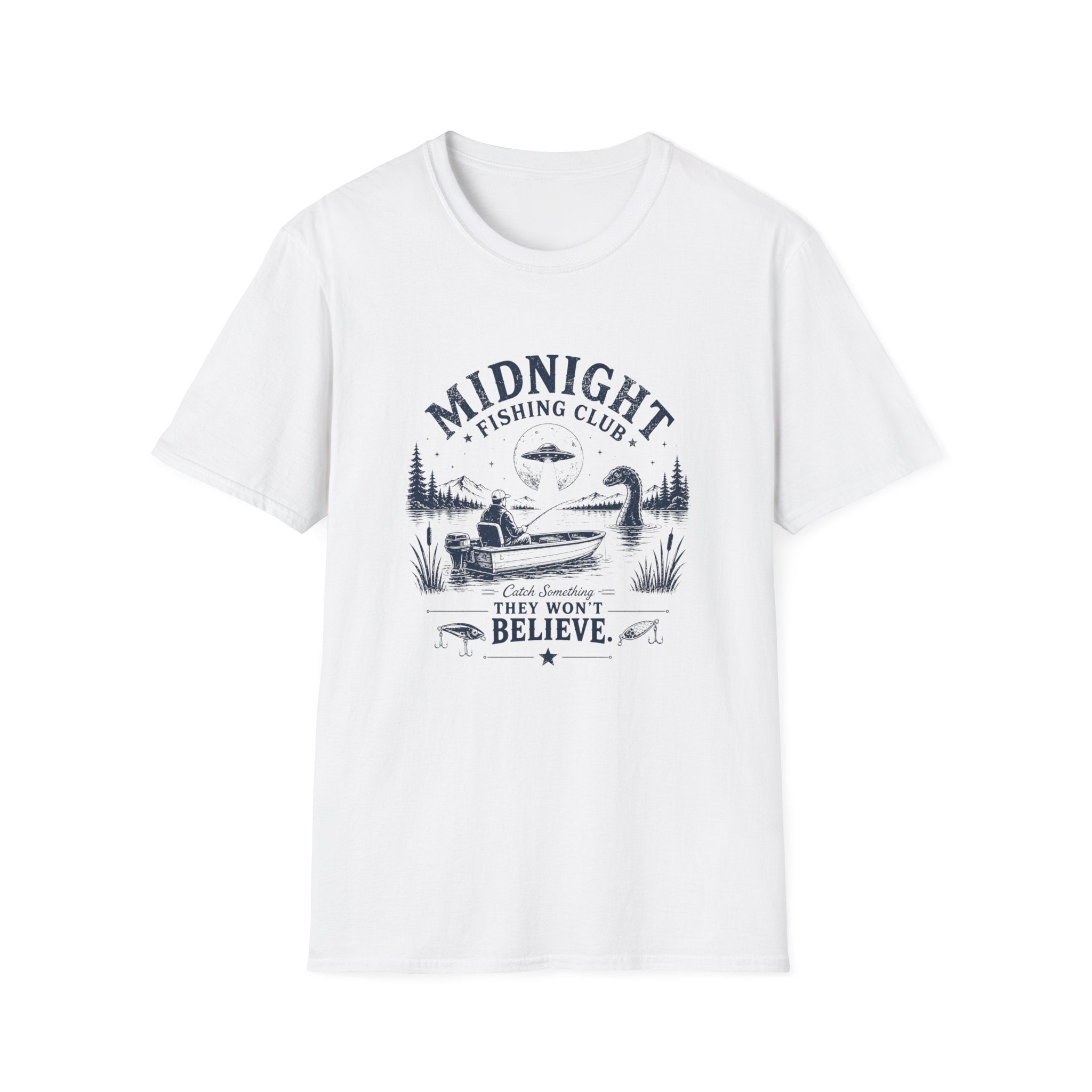 Midnight Fishing Club T-Shirt — "Catch Something They Won't Believe" UFO Lake Fishing Tee