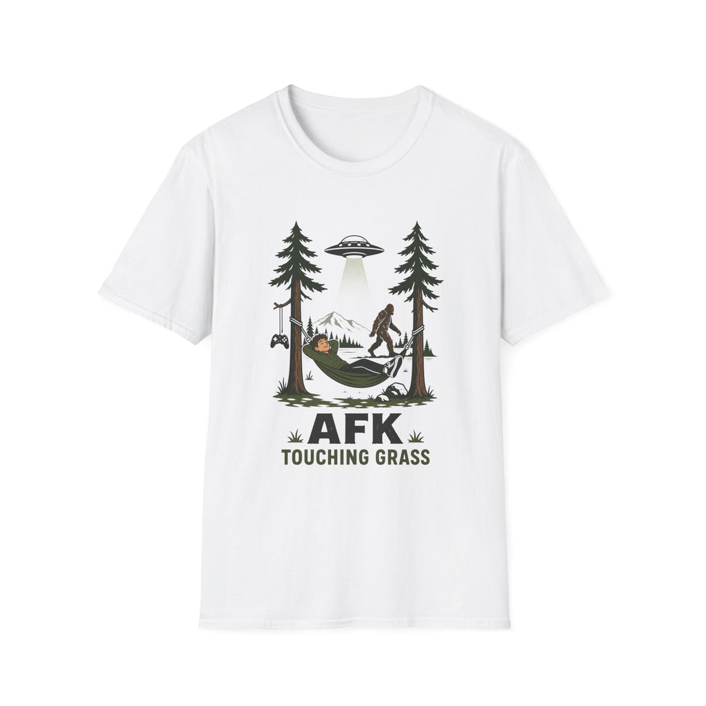 AFK Touching Grass T-Shirt — Gaming Nature Tee with Bigfoot & UFO