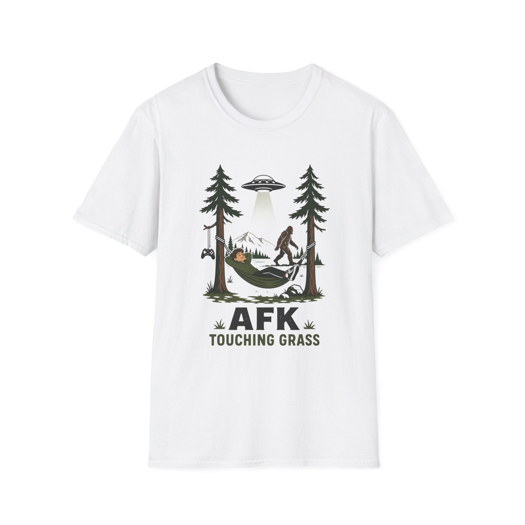 AFK Touching Grass T-Shirt — Gaming Nature Tee with Bigfoot & UFO