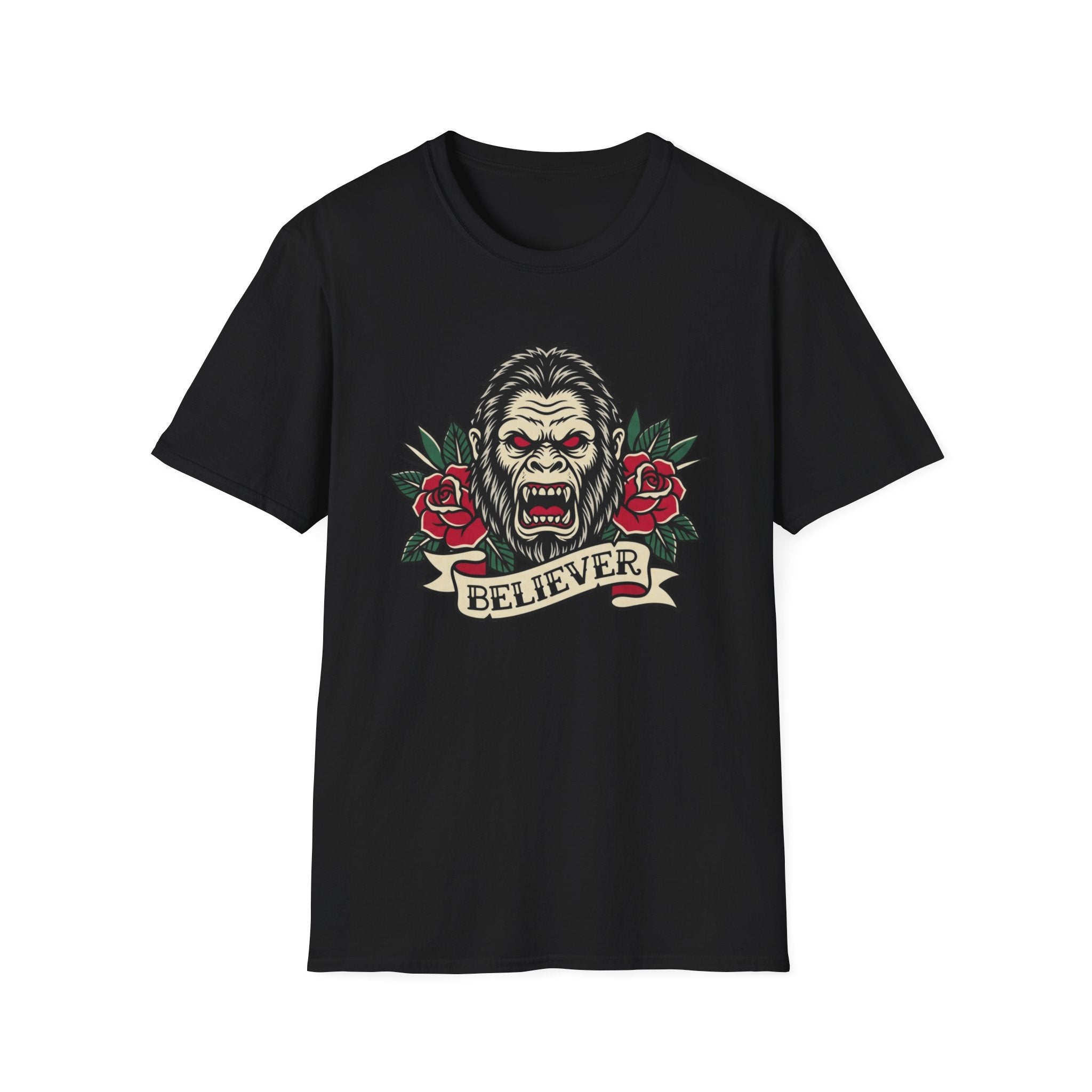 Bigfoot Believer T-Shirt — Retro American Traditional Tattoo Sasquatch Graphic Tee with Roses
