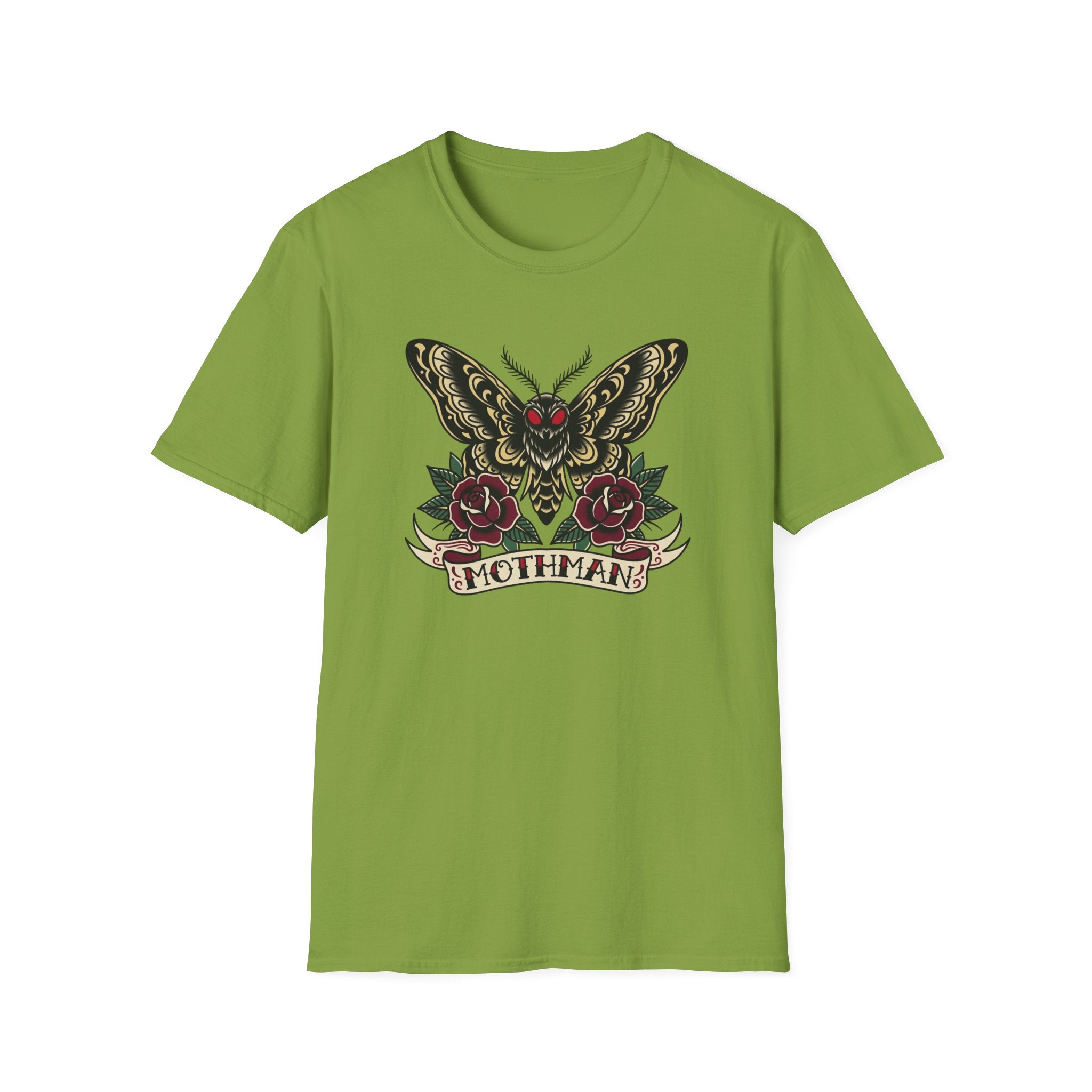 Mothman American Traditional Tattoo Style T-Shirt — Gothic Moth & Roses Graphic