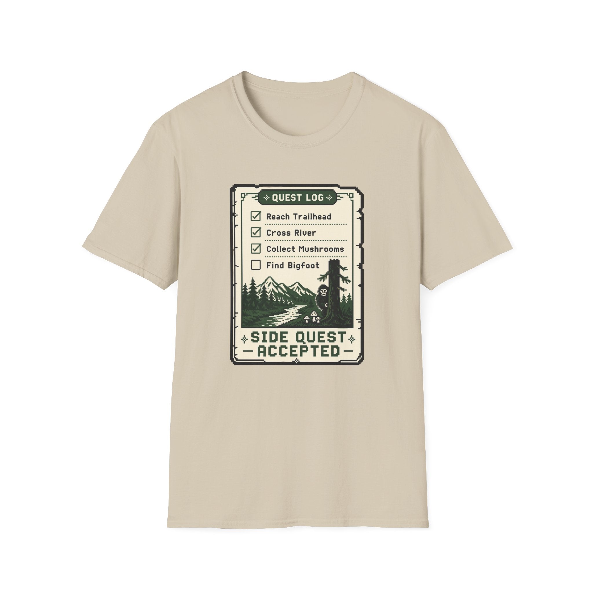 Bigfoot Retro Gaming T-Shirt — 'Quest Log: Side Quest Accepted' Hiking Adventure Graphic Tee