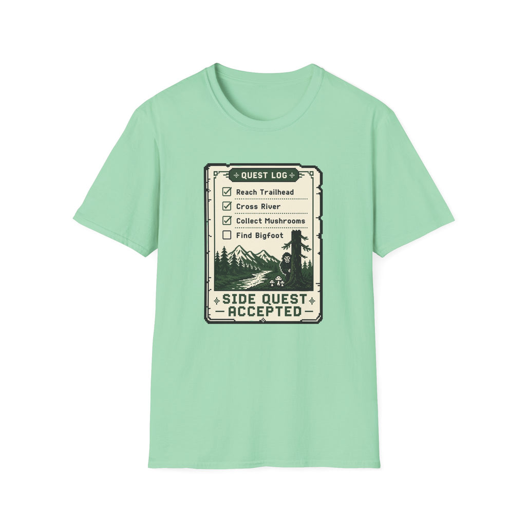 Bigfoot Retro Gaming T-Shirt — 'Quest Log: Side Quest Accepted' Hiking Adventure Graphic Tee