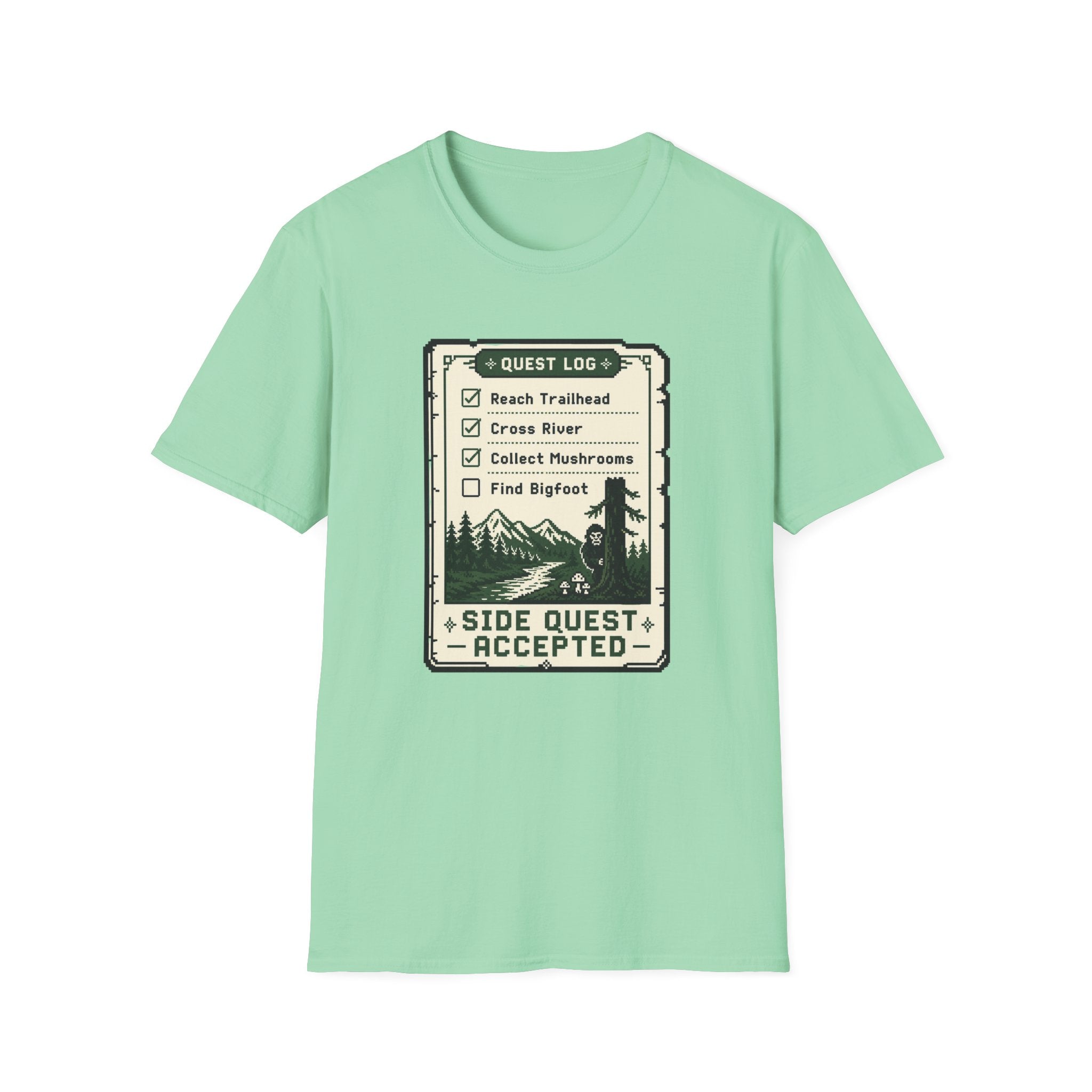Bigfoot Retro Gaming T-Shirt — 'Quest Log: Side Quest Accepted' Hiking Adventure Graphic Tee