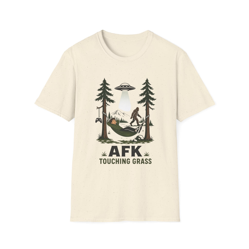 AFK Touching Grass T-Shirt — Gaming Nature Tee with Bigfoot & UFO