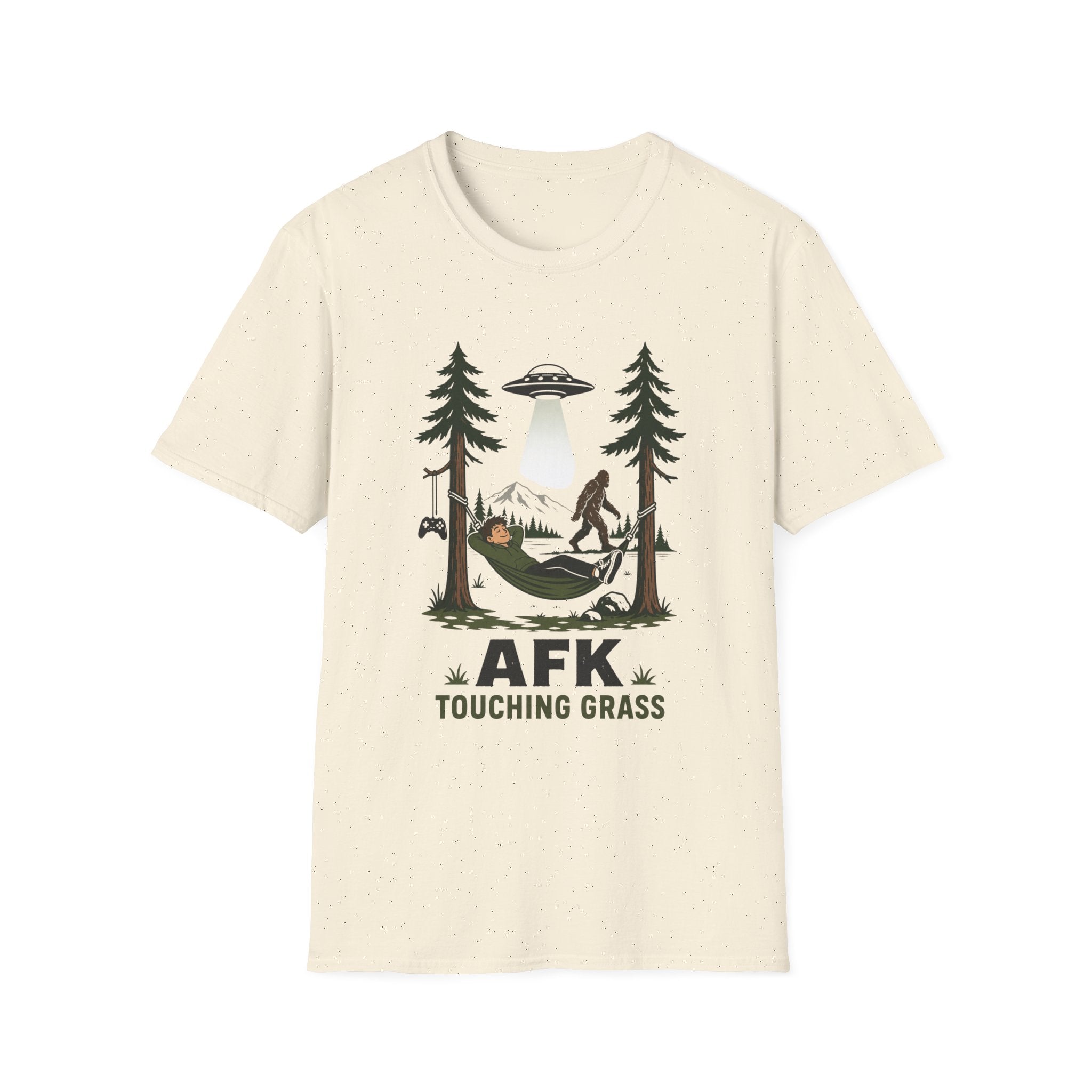 AFK Touching Grass T-Shirt — Gaming Nature Tee with Bigfoot & UFO