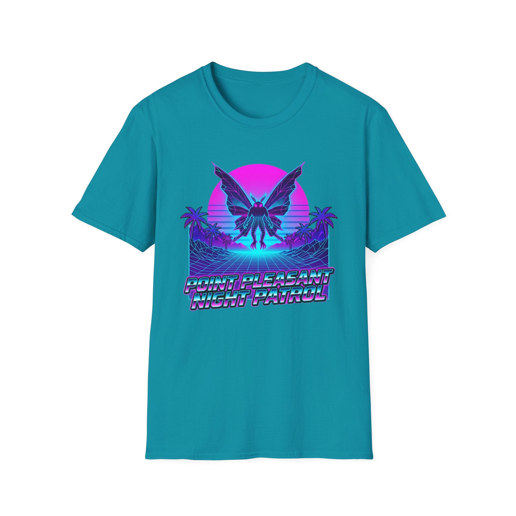 Mothman Retro Sunset T‑Shirt — Neon 80s Vaporwave Cryptid Tee