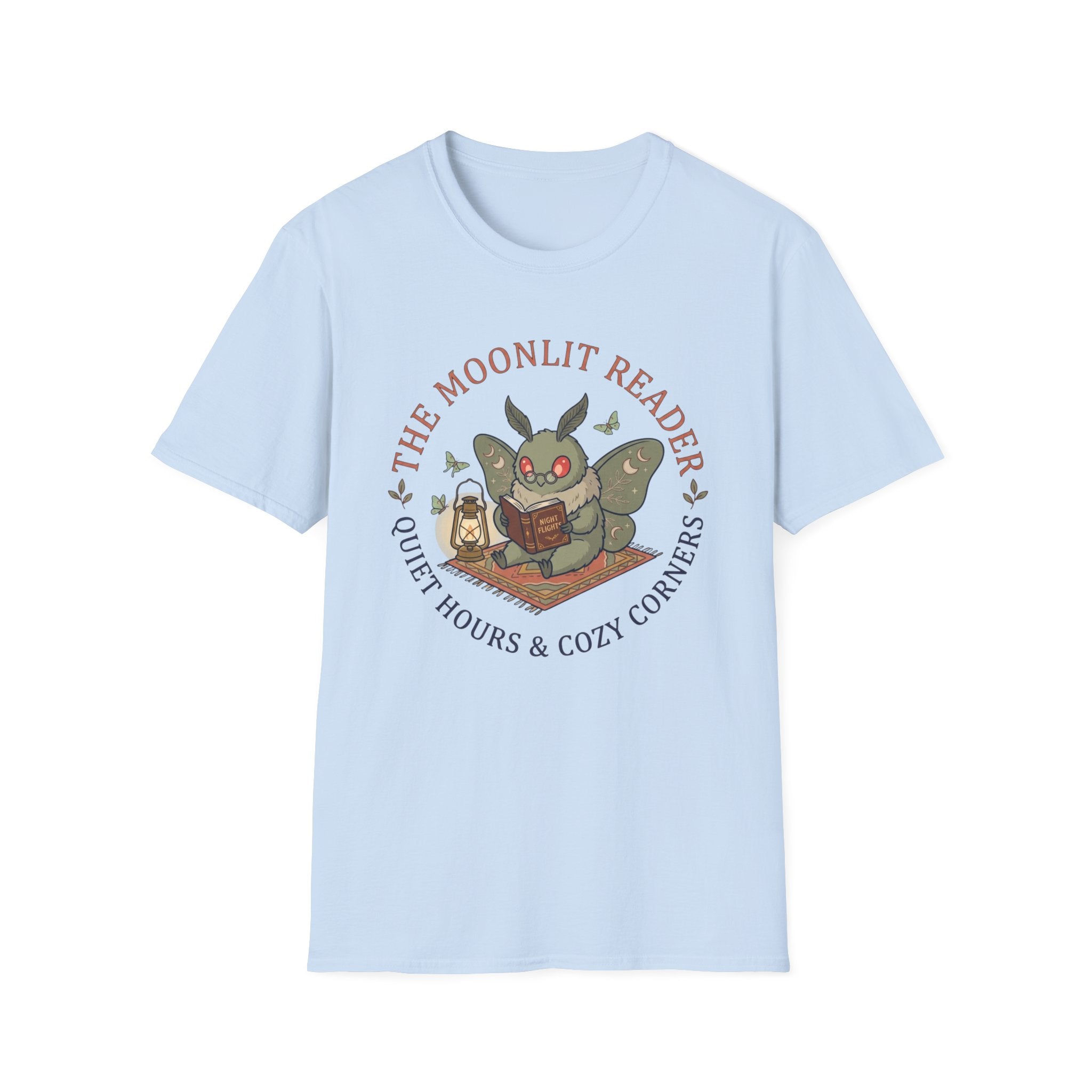 Cute Mothman T-Shirt — The Moonlit Reader Cottagecore Illustration Cozy Reading Tee