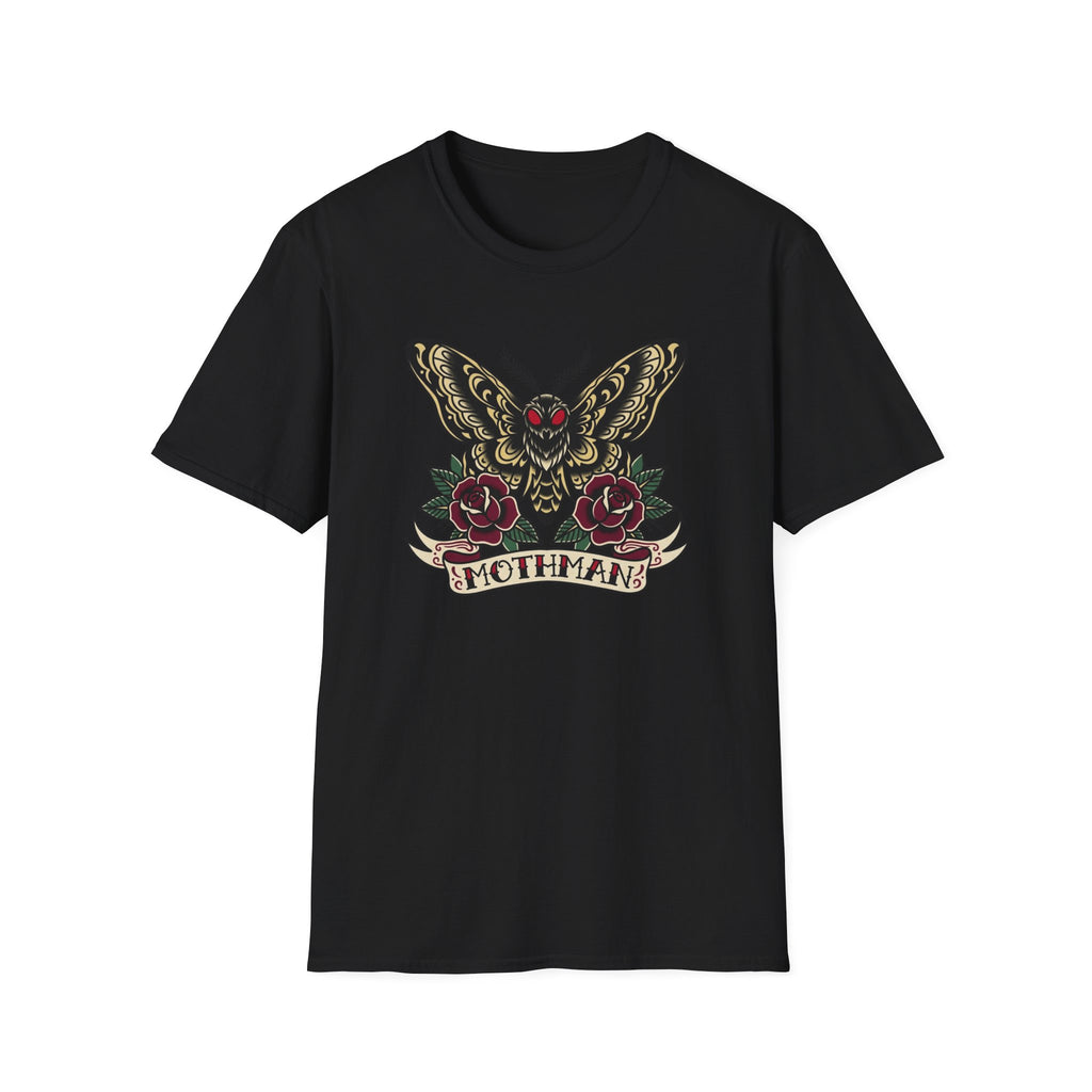 Mothman American Traditional Tattoo Style T-Shirt — Gothic Moth & Roses Graphic