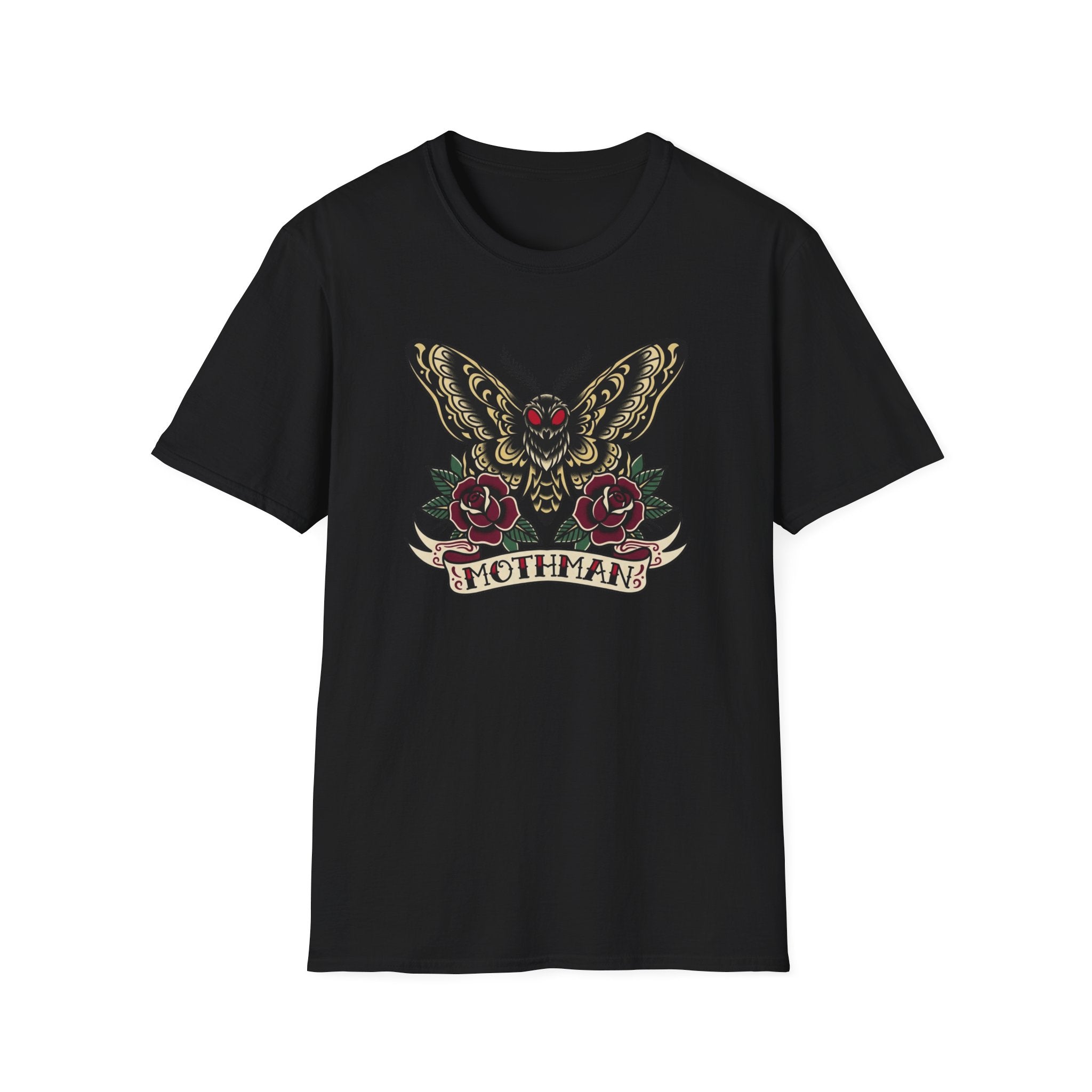Mothman American Traditional Tattoo Style T-Shirt — Gothic Moth & Roses Graphic
